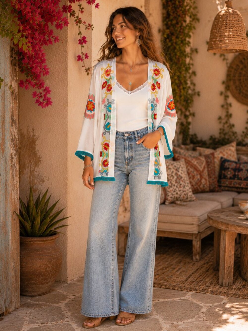 Shoreline Embroidered Kimono Cover Up L XL White Rayon Fringe Floral Boho Open